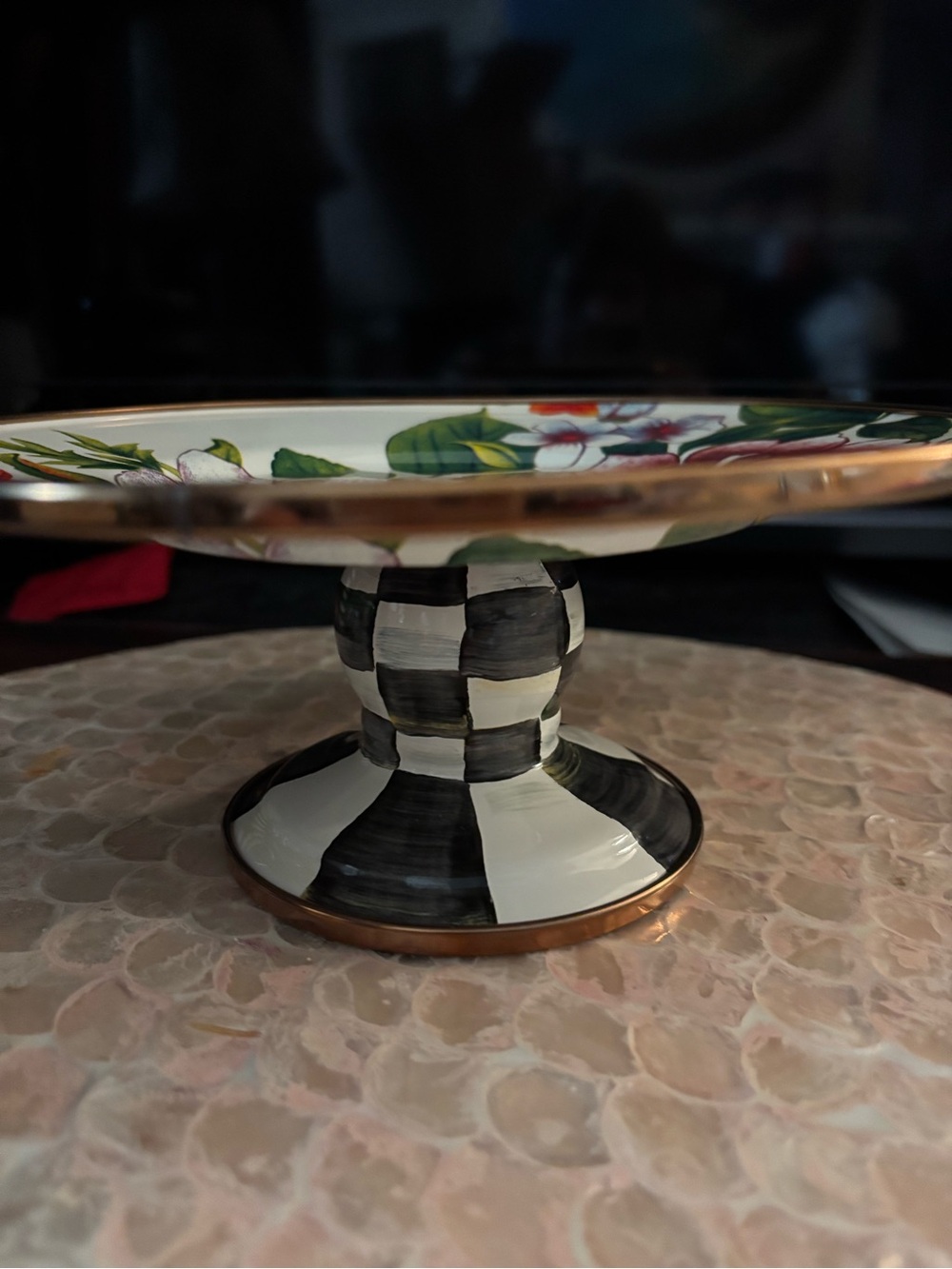 MacKenzie-Childs Black & White Check Pedestal with Floral Plate and Gold Trim